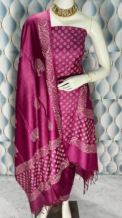 Elegant Hand Block Printed Katan Slub Cotton Suit Set